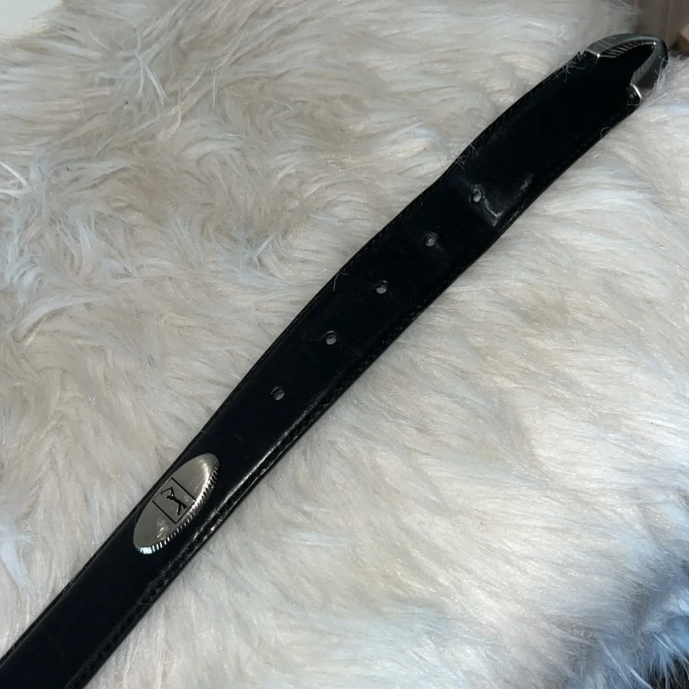 Black leather belt with silver tone golfer/golf conchos and metal tip est men XL